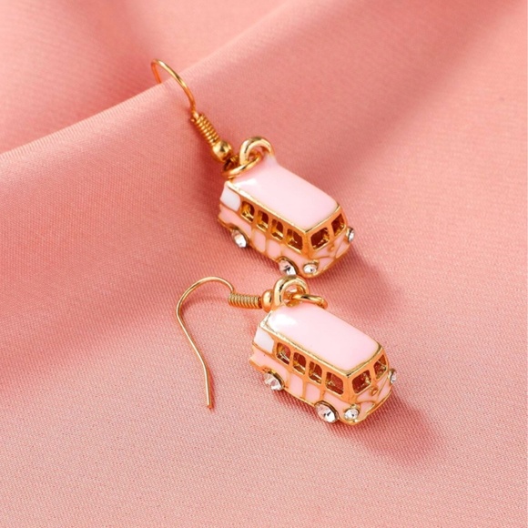Rouge! Jewelry - Bus Shape Gold Rhinestone Dangle Earrings Pink